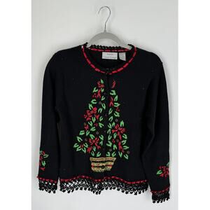 Casual Living Vintage Ugly Christmas Tree Cardigan Sweater Womens Small Black